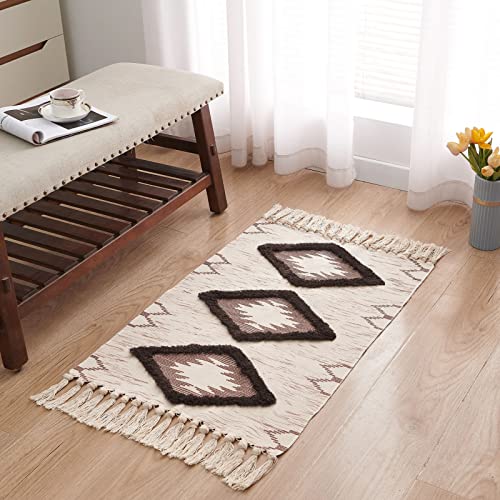 Boho Bathroom Rugs 2x3ft Farmhouse Bath Runner Rug, Small Tufted Cotton Accent Floor Mat with Tassels, Brown - color: Brown, size: 2' x 3' (Runner)