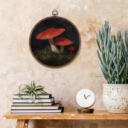 Voxitura Vintage Red Mushroom Fall Wall Art Round Framed, Dark Gothic Wall Decor Canvas Hanging Living Room,Autumn Botanical Fungi Paintings Prints Artwork Decorations for Bedroom Thanksgiving 10x10in - color: Red Mushroom