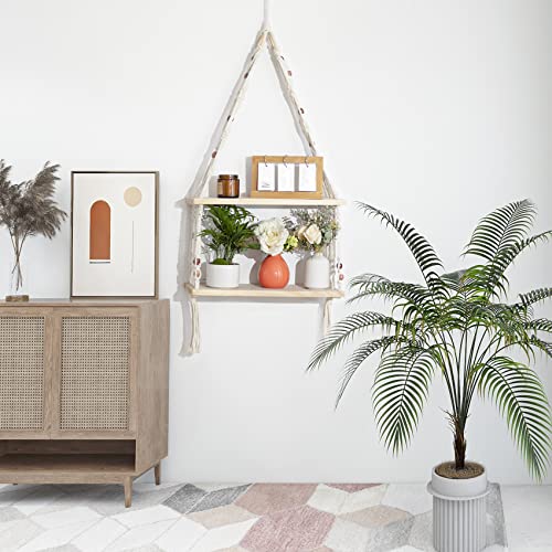 TENEWEE Boho Wall Hanging Shelves Macrame Floating Plant Photos Wood Shelf for Bedroom Living Room Apartment Decor - color: White