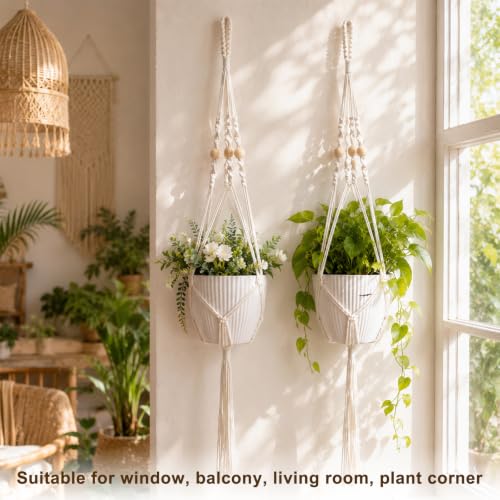Artilady Macrame Hanging Planter for Indoor Plants, Boho Bead Plant Hanger - color: Ivory White