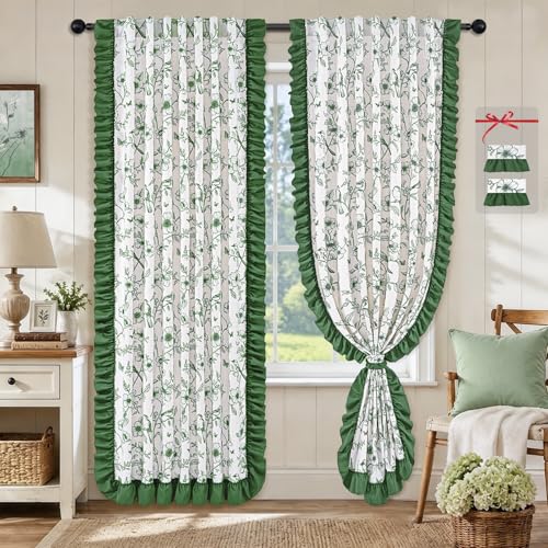 Yinhua Green Floral Curtains for Living Room 84 Inch Length French Country Bedroom Curtains with Ruffle Tieback, Linen Light Filtering Window Curtain Rod Pocket Back Tab Drapes, 52"W x 84"L, 2 Panels - color: Green, size: 52"W x 84"L (Pack of 2)