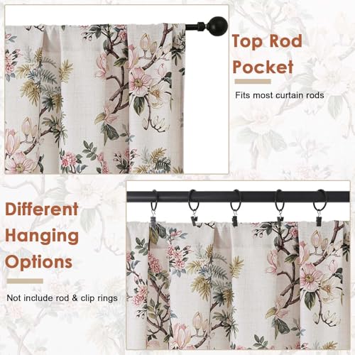 Aiyufeng Floral Tiers Curtains 24 Inch Length for Kitchen, Flower Patterned Soft Airy Light Filtering Country Style Rod Pocket Small Window Treatments Short Drapes, W30 X L24 Inch, Natural - color: Natural, size: 30"W x 24"L (Pack of 2)