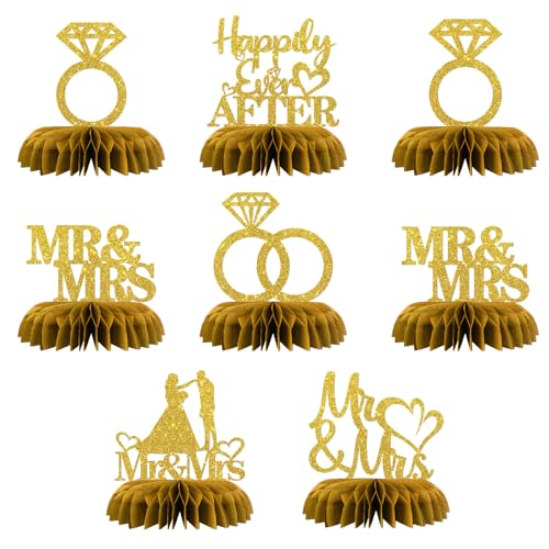 Maicaiffe Mr & Mrs Table Honeycomb Centerpieses Decorations - Glitter 8 Pcs Wedding Engagement Party Table Toppers Decor - Bridal Shower - Wedding Party Decoration Supplies