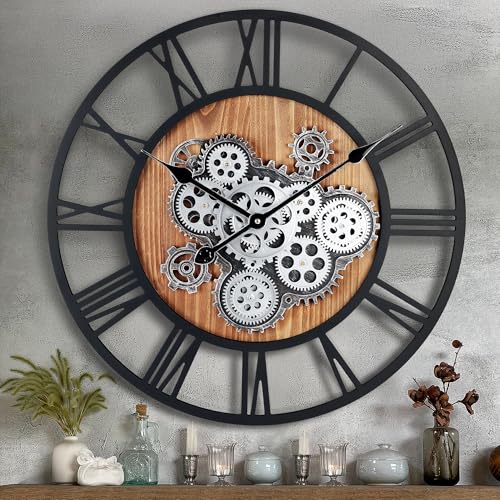 Lafocuse 23 Inch Steampunk Large Wall Clock with Moving Gears Wooden Brown