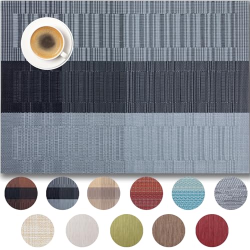 Placemats Set of 6 - Easy Clean Woven Vinyl Placemats for Dining Table, Indoor/Outdoor Place Mats, Washable PVC Table Mats (Silver Gray Black) - color: D-silver Gray Black