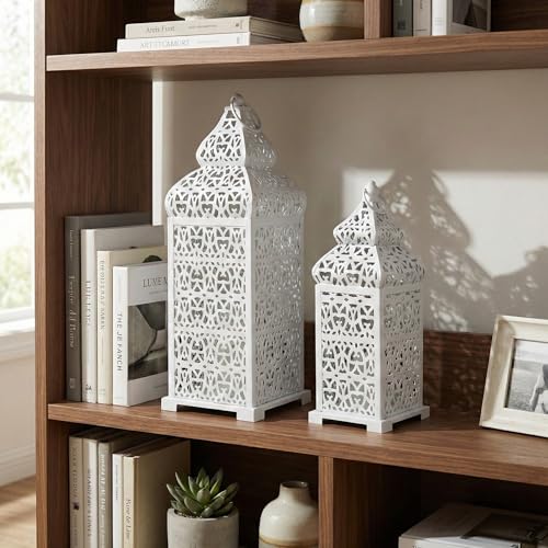 Vela Lanterns Decorative Indoor Moroccan Candle Holders, White, Set of 2 - color: White, size: 11" and 15"