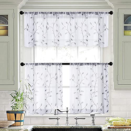 MRTREES Sheer Voile Curtain Valances 2 Panels, Leaves Embroidered Valance Curtains Rod Pocket, Small Sheer Window Curtains Treatment for Bedroom/Living Room/Kitchen/Basement(Grey Leaves, 54x16 Inches) - color: Leaves-grey