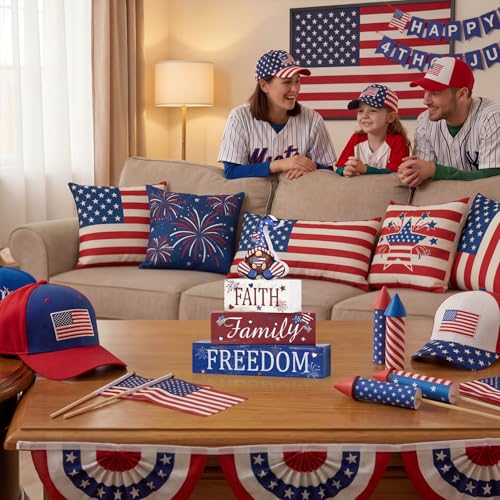 Smile Patriotic Wooden Block Stack with Gnome Decor, 4-Piece "Faith Family Freedom" Tiered Tray Decor for 4th of July & Memorial Day - style: Patriotic