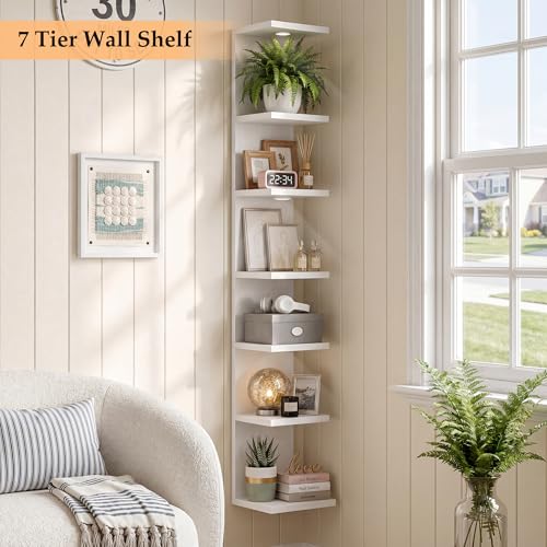 7-Tier Floating Shelves for Wall, Corner Shelf with LED Lights Lack Shelf for Home Organizer Display, Space-Saving, for Kitchen, Living Room, Bedroom, Modern, White - color: White