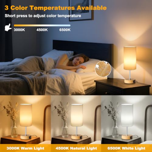 Unicozin Table Lamp with Wood Grain Base, 3 CCT 3000K/4500K/6500K & RGB Color Changing, Stepless Dimmable Small Bedside Lamp for Reading, Ambience Nightstand Light for Home Decor Party, White Shade - color: Wooden - White, size: 14.5in