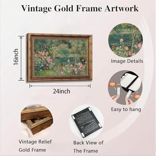 Gold Framed Canvas Wall Art Vintage Impressionist Rose Garden Pond Picture Wall Decor Rustic Farmhouse Floral Print Paintings Ideal for Living Room Bedroom Thoughtful gift and Home Decor 16x24 in - color: Rose Garden, size: 16"L x 24"W