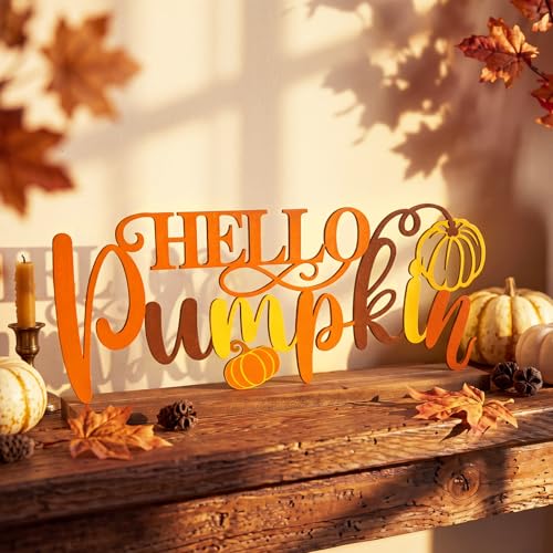 Roowest Metal Hello Pumpkin Table Sign Fall Decor with Wooden Base - style: Pumpkin