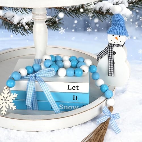 Winter Decorations Wooden Faux Book Stack Snowman Decor with Bead Garland, Winter New Year Tabletop Centerpiece Farmhouse Decor for Tirered Tray Mantel Fireplace Home Shelf Office Desk - color: Winter