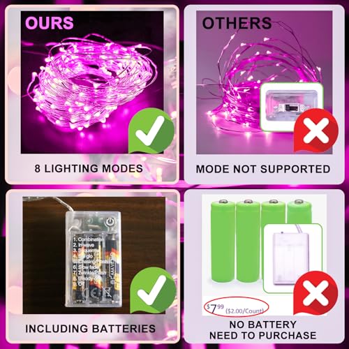 Pink Fairy Lights Battery Operated (Included), 8 Modes & Auto Timer, 16FT 50Led Mini Twinkle Silver Wire Firefly Starry Lights, Waterproof Battery Operated Lights for Mason Jars Wedding Party - color: Pink, size: 1 Pack - Batteries Included