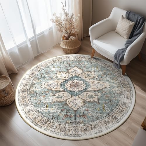 BESTSWEETIE Washable Boho Round 8ft Area Rug for Living Room, Green Brick - color: Green/Brick/Rust Red, size: 8' (Round)