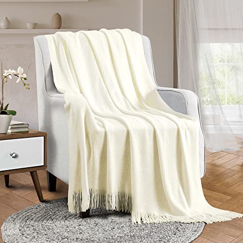 Vonty Ivory White Knitted Throw Blanket with Tassels Fringe, 50x60 Acrylic - color: Ivory White, size: 50" x 60"