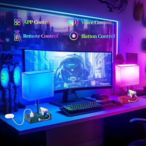 Smart RGB Dimmable Table Lamp Compatible with Alexa&APP&Remote Control, Wood Base - color: Wood, size: 1 Pack
