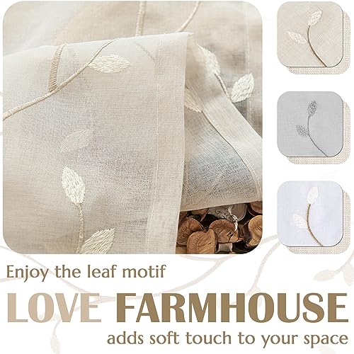 jinchan Linen Kitchen Valance Sheer Leaf Embroidered 18 Inch 1 Panel Beige - color: Leaf | Beige