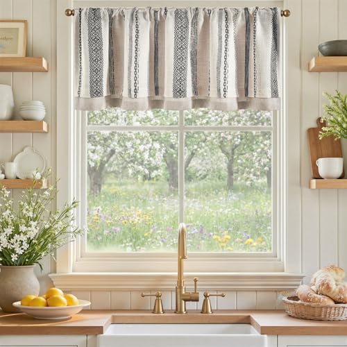 jinchan Liora Linen Valance 18 Inch Modern Boho 1 Panel Black on Linen - color: Liora | Black on Linen, size: 50"W x 18"L (Pack of 1)