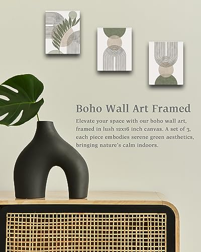 30x40CM Sage Green Boho Wall Art,Framed Canvas Bathroom Wall Art Pictures, Mid-Century Modern Wood Framed Abstract Prints for Bedroom,Minimalist Office Wall Decor 3Pack - color: Sage Green-Framed, size: 16"L x 12"W