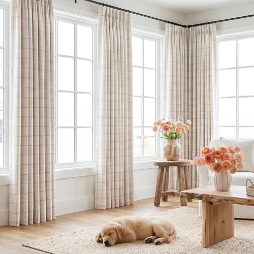 THREE GIRLS Pinch Pleated Plaid Curtains Blackout Linen Gingham Curtains for Living Room,Bedroom Checkered 72 Inches Long Double Layer 2 Panels Set Luxury and Modern Printed Design Darkening - color: Linen, size: 40"W x 72"L (Pack of 2)