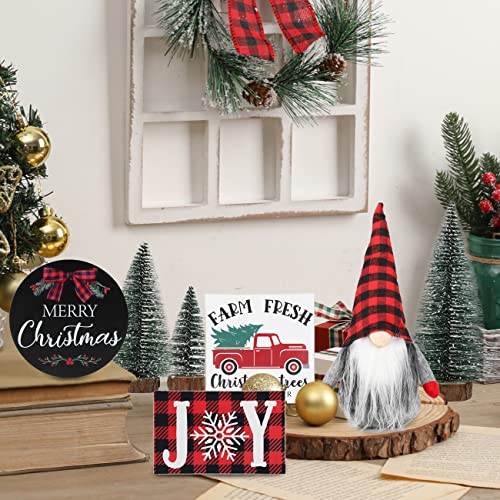 Christmas Tiered Tray Décor Set of 7, Merry Christmas Farm Fresh Truck, Joy Wood Sign Buffalo Plaid Gnome Plush and Trees, Farmhouse Table Home Party Shelf Fireplace Mantel Decor
