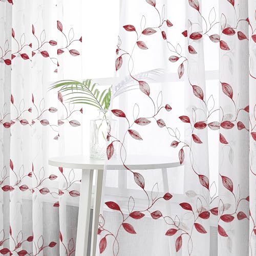 Tollpiz Burgundy Red Leaf Sheer Curtain Bedroom Short 38 x 45 Inches - color: Burgundy Red, size: 38"W x 45"L (Pack of 2)