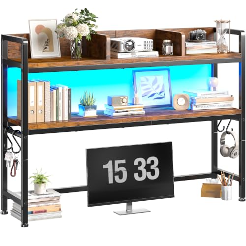 REIBII 2-Tier Desk Shelf, LED, Bedroom and Home Office, Rustic Brown - color: Rustic Brown, size: 7.8"D x 45.2"W x 38.7"H