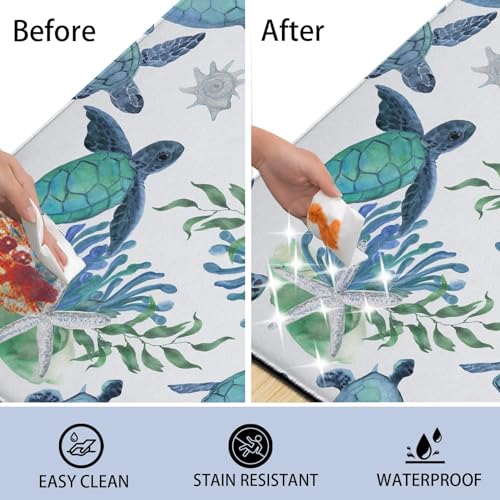 Tritard Coastal Beach Kitchen Rugs Mats Set of 2 Cushioned Anti Fatigue Kitchen Floor Mat 0.4 Inch Sea Turtles Non Slip Waterproof Kitchen Rug PVC Leather Comfort Mats for Kitchen, Blue, 17x28+17x47 - color: Blue-4