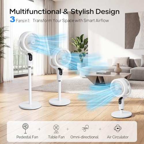 ROVSUN Standing Fan for Bedroom, 90°+90°Omni-directional Oscillating Fan, 43" Air Circulator, Pedestal & Tabletop Fan with Adjustable Height, Remote, LED Display, 8-Speed and 9H Timer, White - color: White-43"