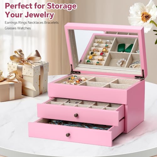 Meangood Jewelry Box Organizer for Women, 3 Layer Large Jewelry Storage Case, Rustic Wooden Jewelry Box with Mirror & Ring Tray for Necklace Earring Bracelets Rings, Vintage Style (Pink) - color: Pink, size: 2-Drawer