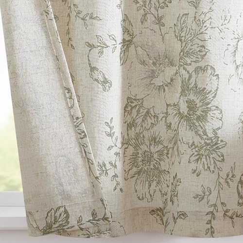 jinchan Green Floral Linen Kitchen Tier Curtains and Valance Set 3 Pieces - color: Alice | Green on Linen, size: 26"W x 24"L (Pack of 3)