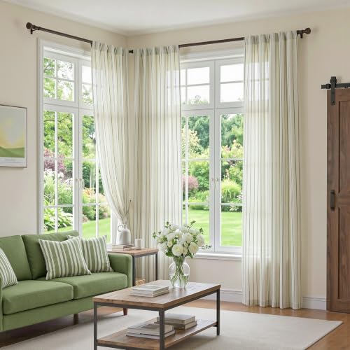 MYSKY HOME Green Striped Linen Curtains for Living Room 50 x 102 2 Panels - color: Green, size: 50"W x 102"L (Pack of 2)