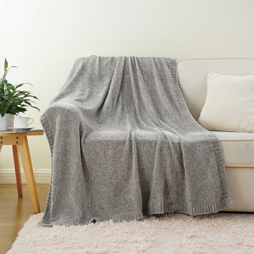 Chenille Throw Blanket for Couch Sofa, Light Grey Throw Blanket 51"x67" - color: Gray