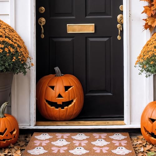 Dunzy Halloween Welcome Mat Pink Ghost Door Mat Bow Floral Halloween Rug - style: Flower Bow Ghost