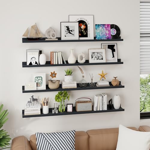 Axeman Picture Ledge Shelf, 48 Inch Black Floating Shelves Set of 4 - color: Black, size: 48 Inch