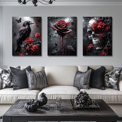 Hianan Wrapped Canvas Dark Goth Crow Rose Skull Wall Art Set of 3, 16x24 in - color: Black-Red, size: 24"L x 16"W