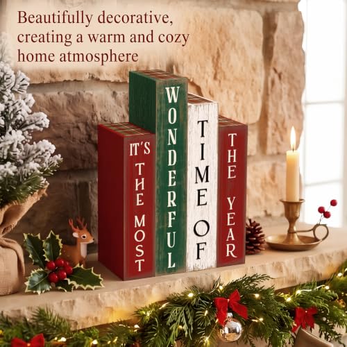 Xuhal 4 Pcs Christmas Table Decor, Rustic Wooden Christmas Xmas Books Signs - style: Christmas