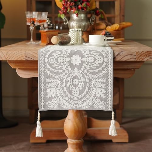 Table Runner Embroidered Lace Dresser Runner, Gray 14"x56" - color: Grey, size: 14 x 56 Inches