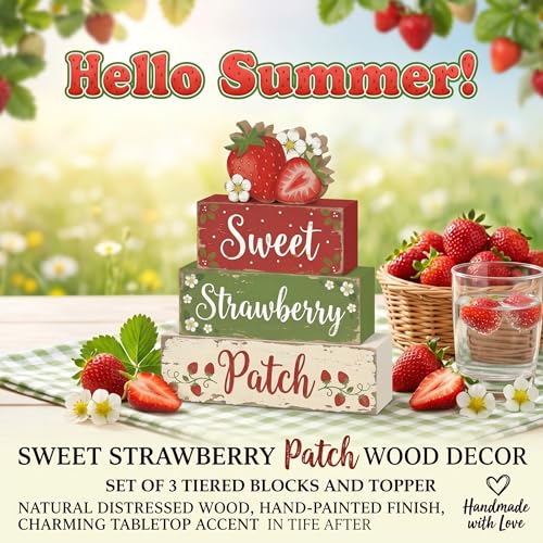 Britimes Tiered Tray Decor Set, 4 Pack Wooden Table Signs, Strawberry Fruit - style: Strawberry