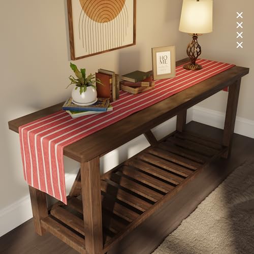 Encasa XO Table Runner, Woven Cotton Dining Linens 13"x72" Red - color: Roma Red Stripes, size: 13x72 in