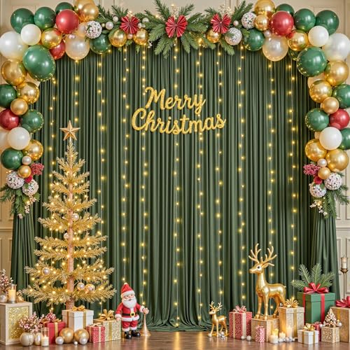 10 x 10ft Olive Green Backdrop Curtains with Lights String - color: Olive Green, size: W5' x H10'(2 panels)