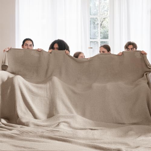 Bedsure 100% Cotton Big Oversized King Blanket, Waffle Weave, Khaki Brown - color: 03 Khaki Brown, size: Oversized King (120" X 94")