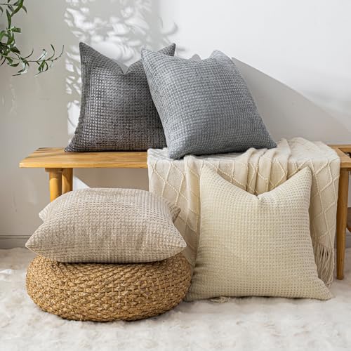 Pack of 4 Throw Pillow Covers 16x16” Boho Cushion Covers for Living Room - color: Beige/Dark Gray, size: 16" x 16" (Pack of 4)