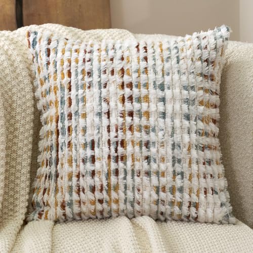 Aeckself Boho Chenille Tufted Pillow Cover 20 x 20 Inch, Decorative Square Throw Pillow Cover Neutral Pillowcase for Couch Bedroom Living Room, Orange White - color: Orange White, size: 20" x 20" (Pack of 1)