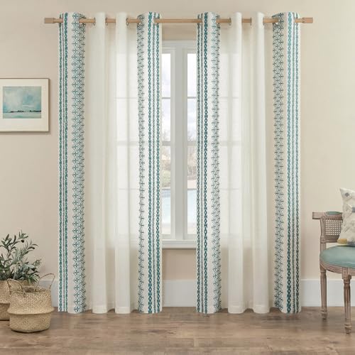 Boho Curtains 63 Inch Length 2 Panels Set Grommet Natural Linen Semi Sheer Curtains for Living Room Bedroom Privacy Vintage Bohemian Drapes Rustic Art Farmhouse Decor, 52x63 Inches Long, Teal Blue - color: Teal Blue, size: 52"W x 63"L (Pack of 2)