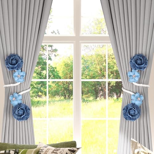 Meplait 2 Pack Boho Curtain Tiebacks, No Drill Curtain Holdbacks for Drapes - color: C Flower-blue