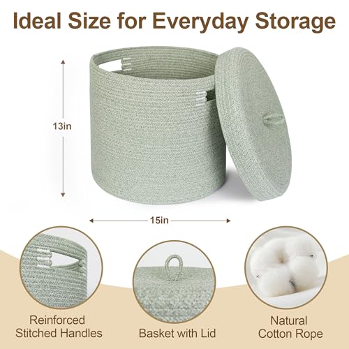 Storage Basket with Lid, Woven Blanket Storage for Living Room, Cotton Rope Bin with Lid, Round Wicker Laundry Basket with Cover, Lidded Kid Dog Toy Box, Nursery Organizer, 15"x13", Green