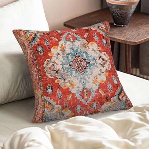 Vintage Boho Pillow Covers 16X16 Inch Set of 2 Antique Ethnic Red Teal Carpet Pattern Throw Pillow Covers Bohemian Decorative Pillow Case Linen Cushion Cover for Home Couch Sofa Outdoor - color: Boho Style 1, size: 16" x 16" (Pack of 2)