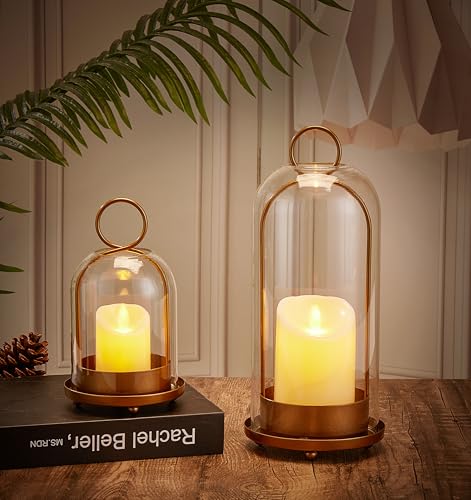 Candle Holder Lanterns, Handcrafted Metal & Glass with Modern Aesthetic Design, Hurricane Pillar Candlestick Holders, Table or Hanging Decorations Set of 2, 5.1" & 4.4" Diameter, Gold - color: Gold
